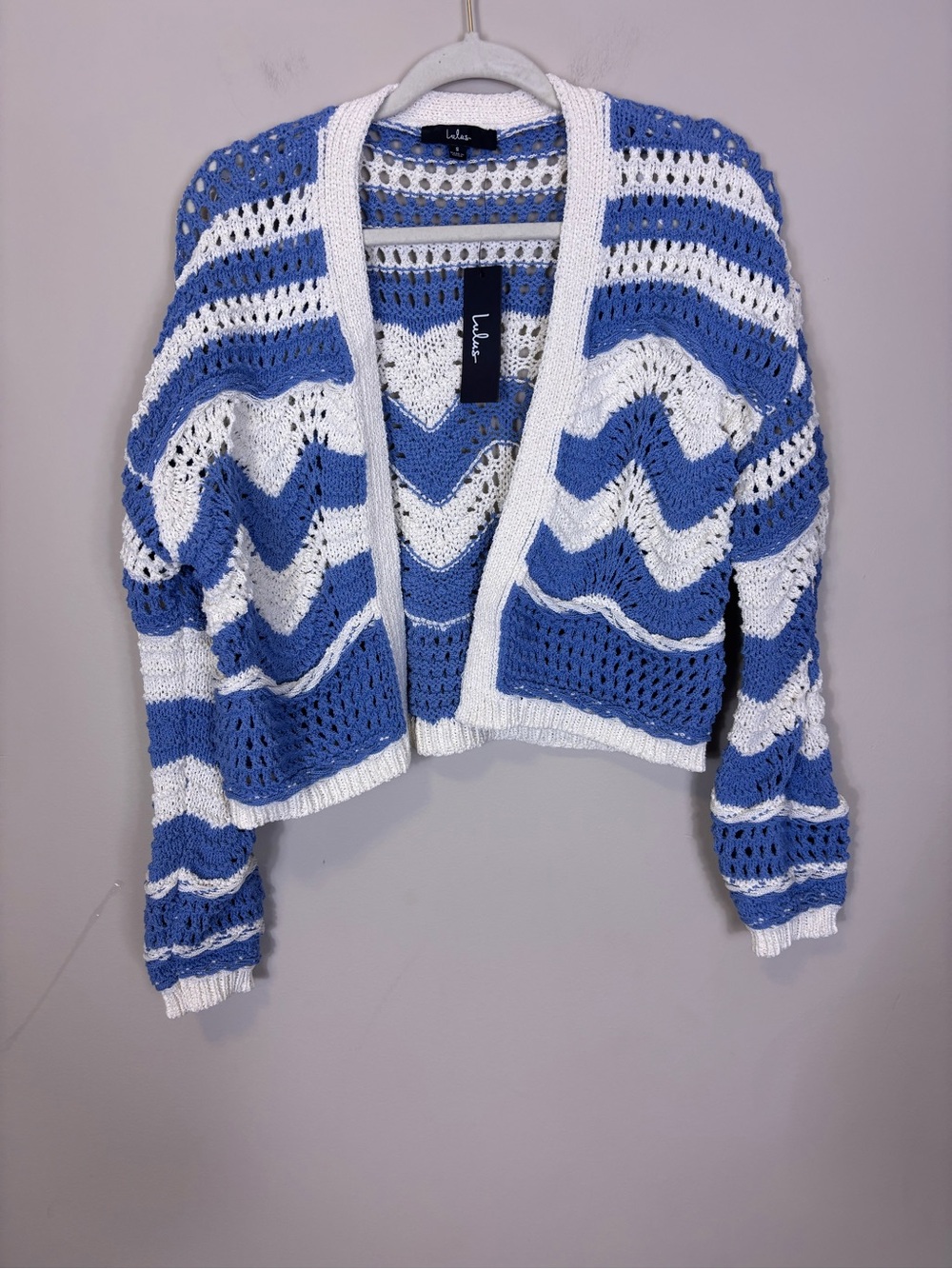 New Lulu's Blue & White Open Knit Chevron Cardigan Sweater Small